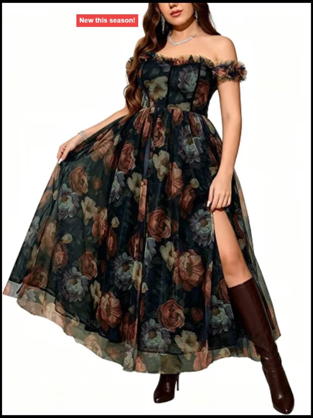 Plus Size Off Shoulder A-Line Midi Dress with Slit, Floral